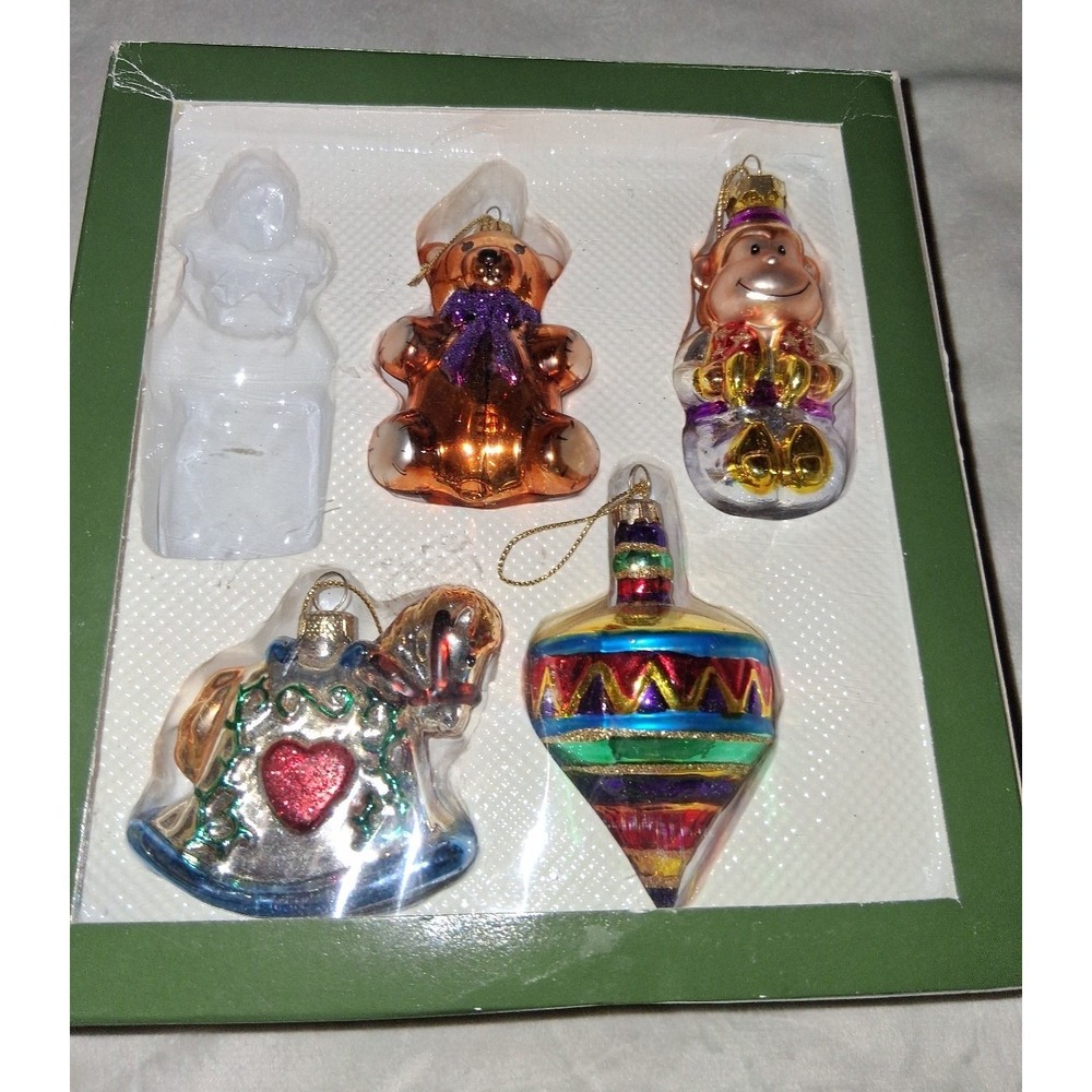2002 Santa's Workbench Blown Glass Christmas Ornaments Teddy Monkey Horse Set